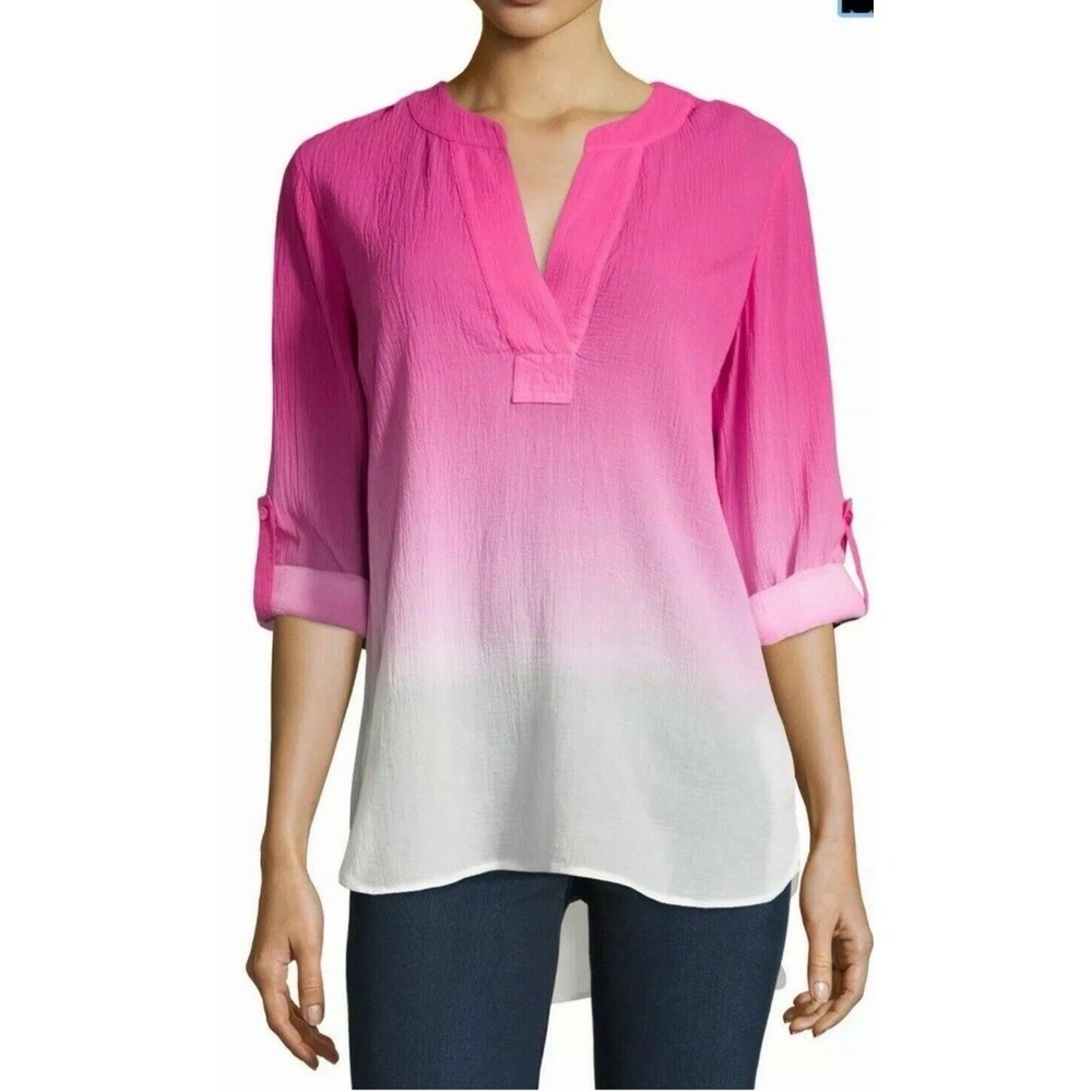 Diane Von Furstenberg Gauze Cotton Blouse Boho Tunic Sz 2 Pink White Ombre Beach